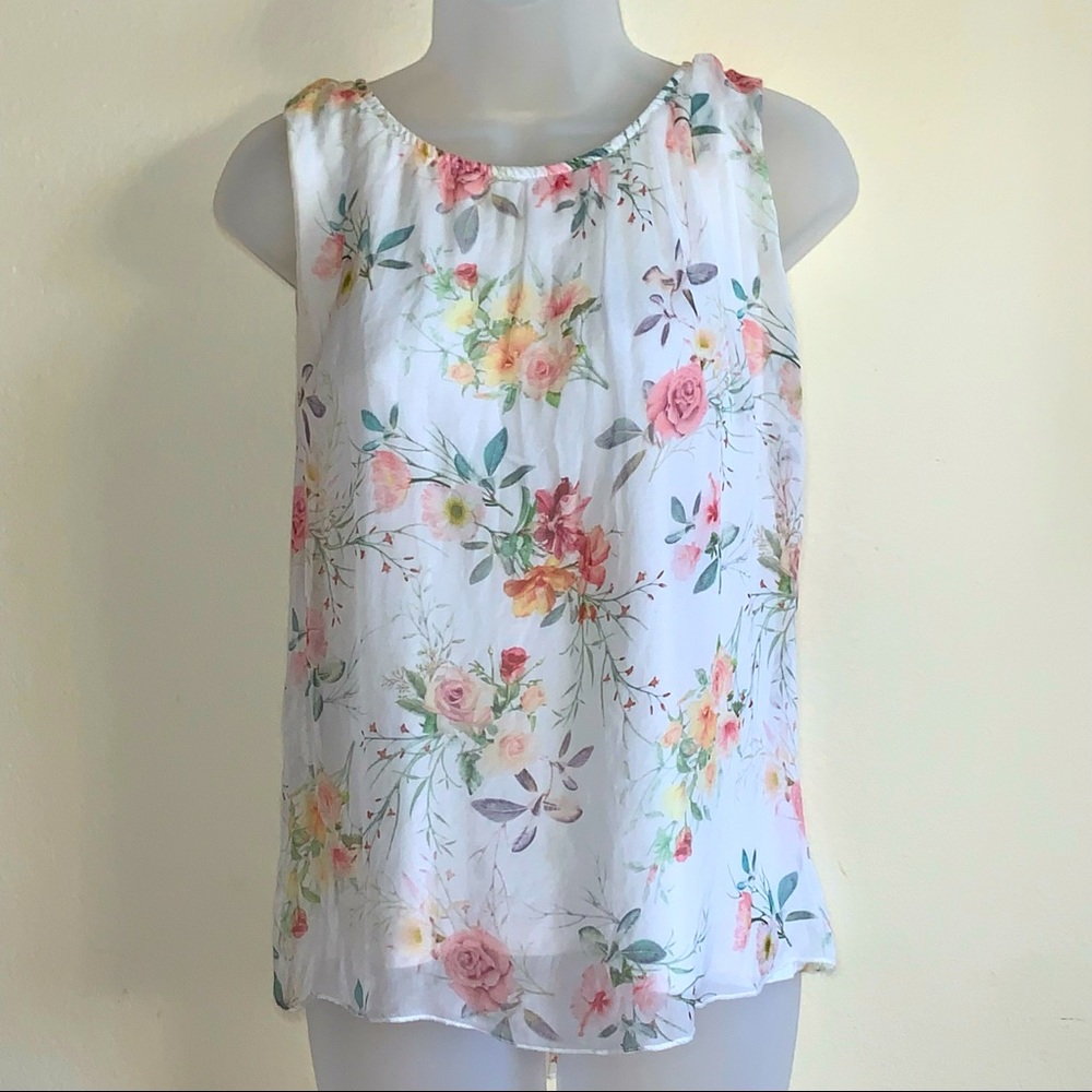 Tendenze 100% Italian Silk White Sleeveless Blouse w/ Floral Print - Sz. S